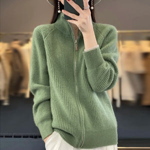 Cardigan de Lã com Zíper e Gola Alta Verde 03