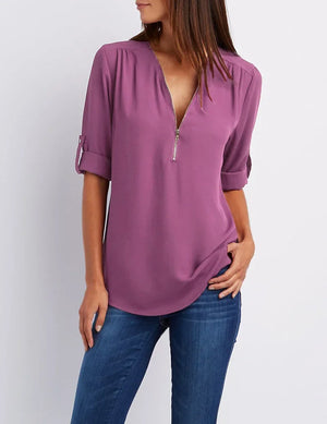 Blusa Chiffon Manga 3/4 com Zíper Roxo 15