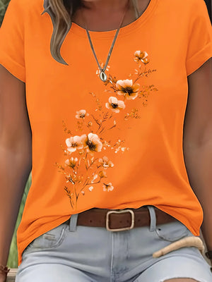 Blusa de Algodão Manga Curta com Estampa Floral Laranja 11