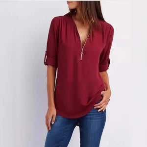 Blusa Chiffon Manga 3/4 com Zíper Bordô 07