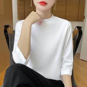 Blusa de Algodão Solta com Manga 3/4 e Gola Alta Branco 03