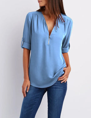 Blusa Chiffon Manga 3/4 com Zíper Azul 04