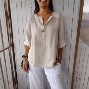 Blusa de Algodão e Linho Solta com Manga 3/4 Bege 01