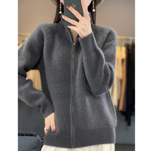 Cardigan de Lã com Zíper e Gola Alta Cinza 04