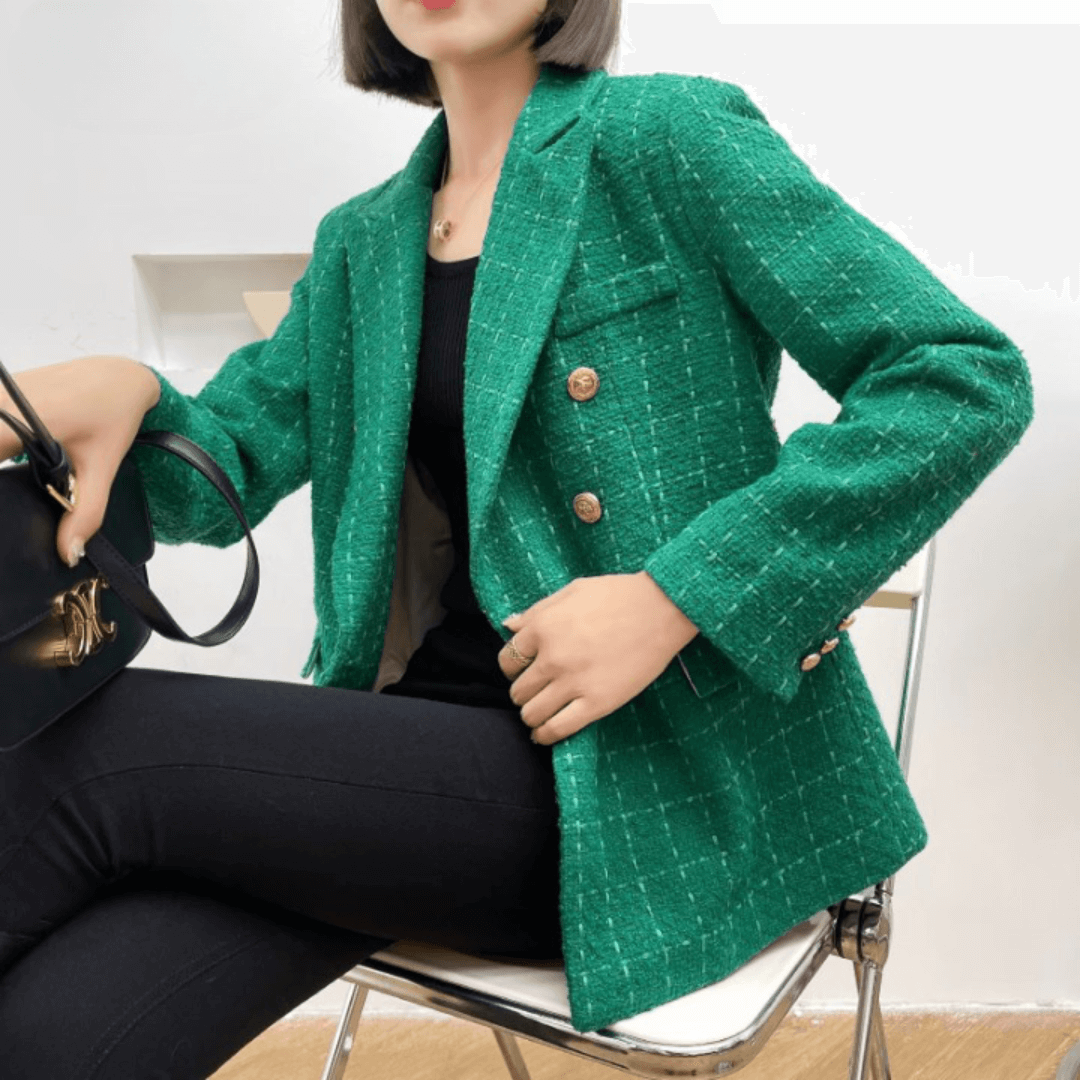 Blazer Feminino de Tweed Alfaiataria Acinturado Botões Frontais Passy