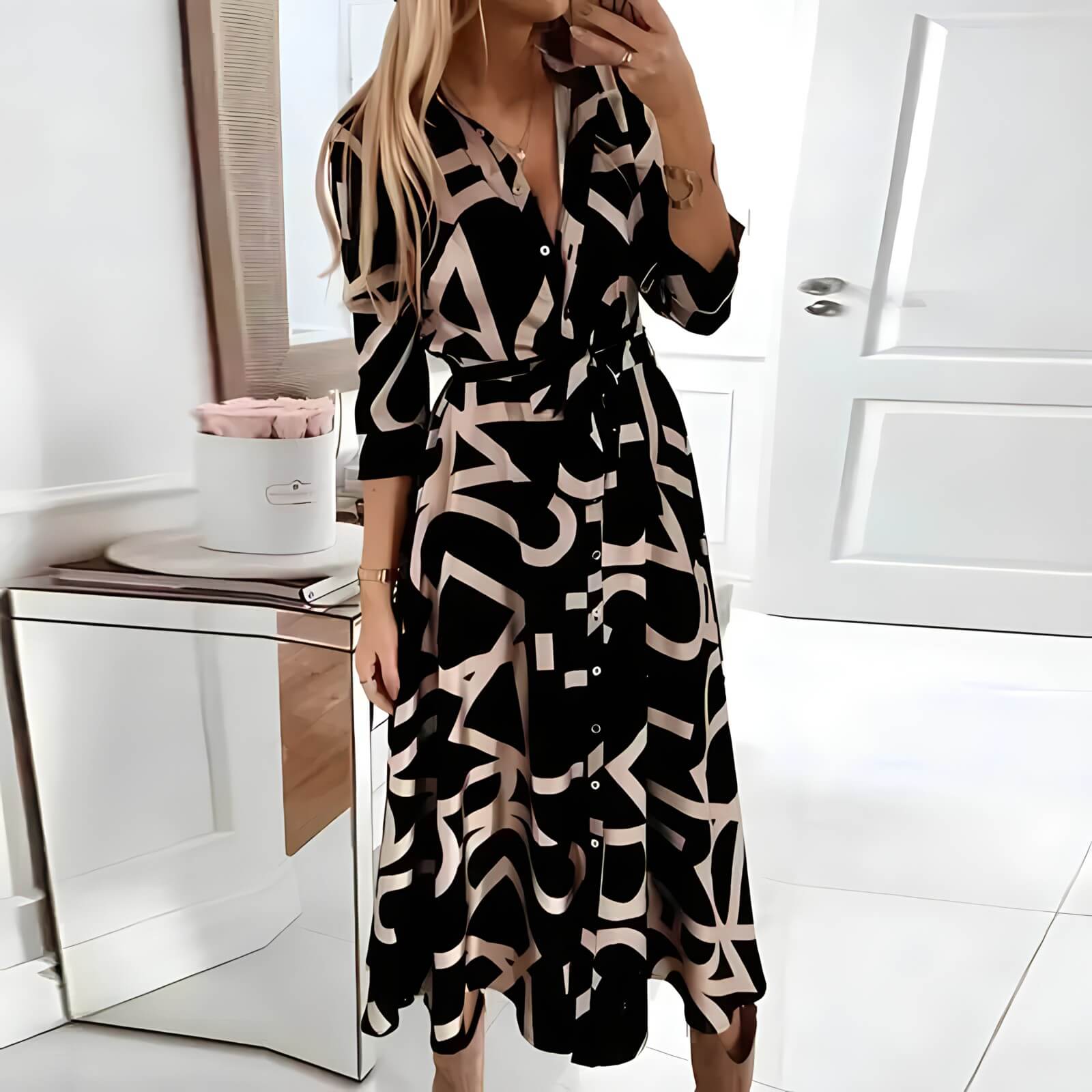 Vestido Chemise Midi Estampado Cintura Ajustável com Botões Brauron