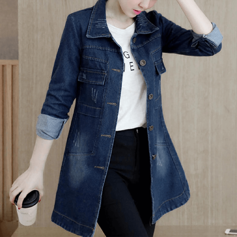 Jaqueta Alongada Feminina Azul Escurto 1