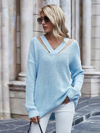 Suéter Feminino Canelado Gola V Azul 1