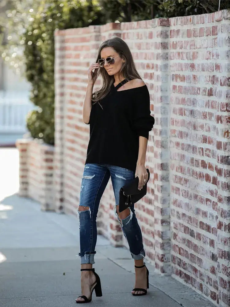 Suéter Feminino Canelado Gola V Preto 2