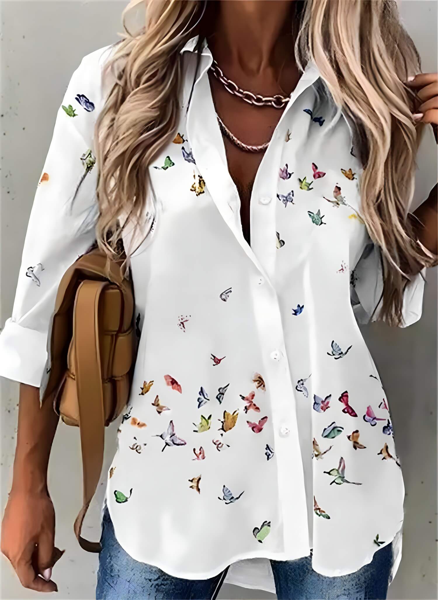 Camisa Feminina Crepe Sedinha Estampa Delicada Manga Longa Taranto