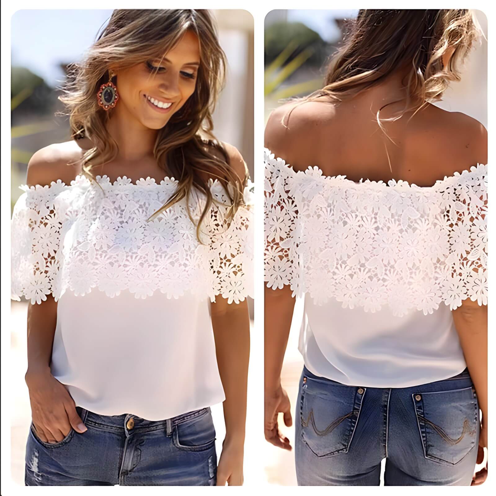 Blusa de Chiffon com Detalhes em Renda Branco 3