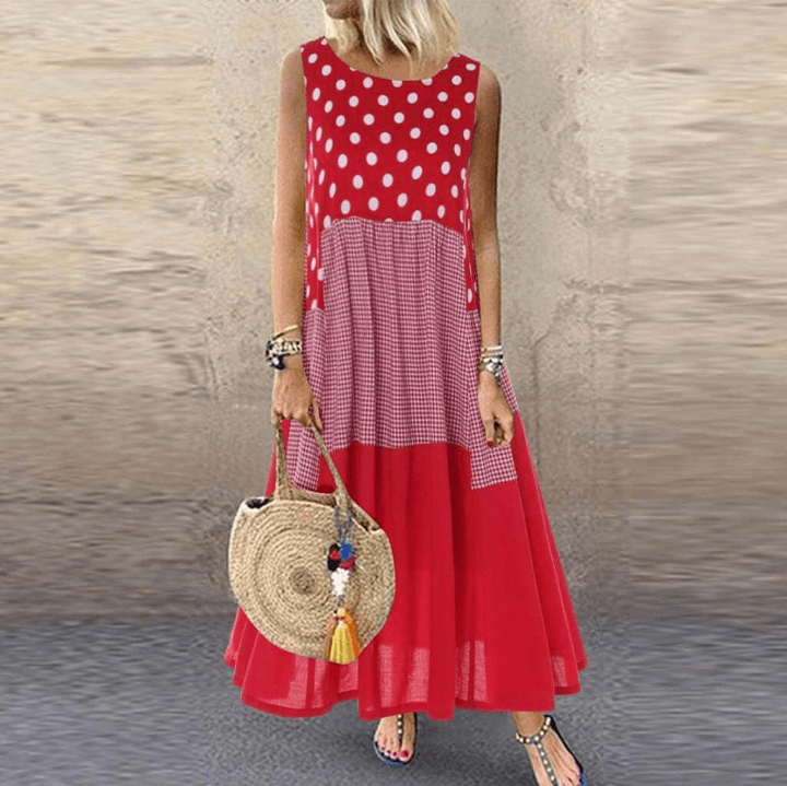 Vestido Midi Estampado Poá e Xadrez Regata Sophie