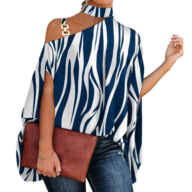 Blusa Gola Alta E Ombro Aberto Blenda Azul Zebra / P 37