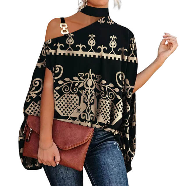 Blusa Gola Alta E Ombro Aberto Blenda Preto Dourado / P 37