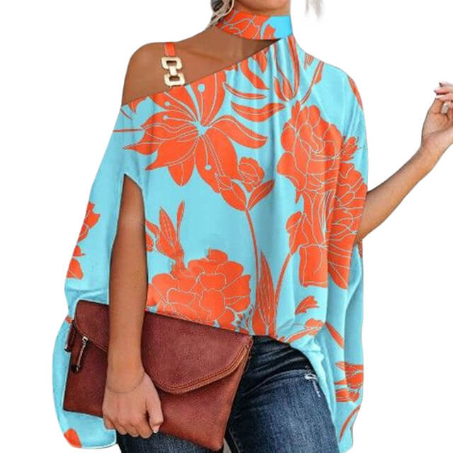 Blusa Gola Alta E Ombro Aberto Blenda Azul Laranja / P 37