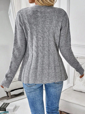 Cardigan de Lã Acinturado com Tranças e Botões Cinza 02