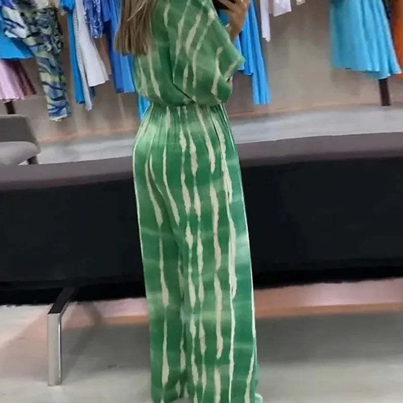 Macacão Feminino Pantalona Estampado Decote V com Amarração Oliva