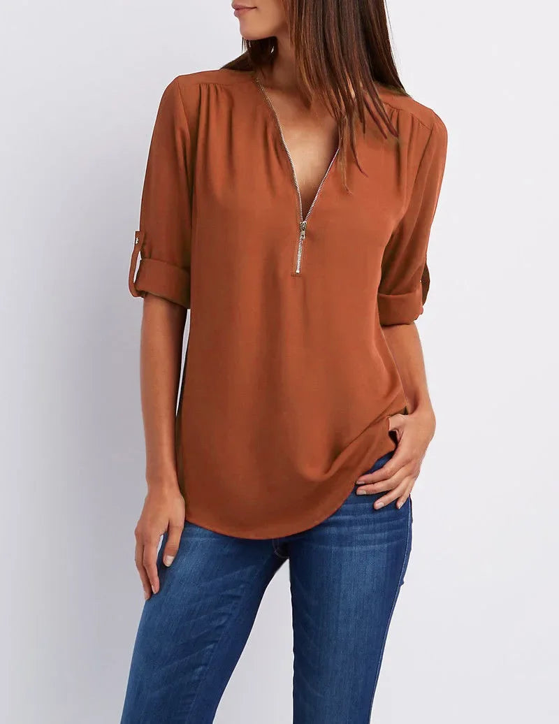 Blusa Chiffon Manga 3/4 com Zíper Laranja 09