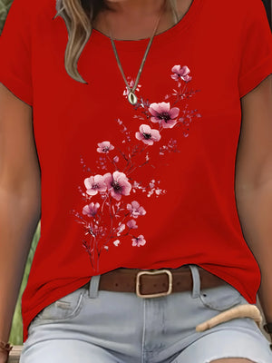 Blusa de Algodão Manga Curta com Estampa Floral Vermelho 03