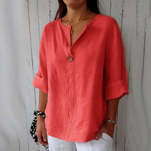 Blusa de Algodão e Linho Solta com Manga 3/4 Vermelho 05