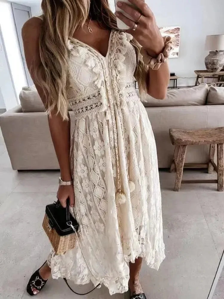 Vestido Midi de Renda Off White 01