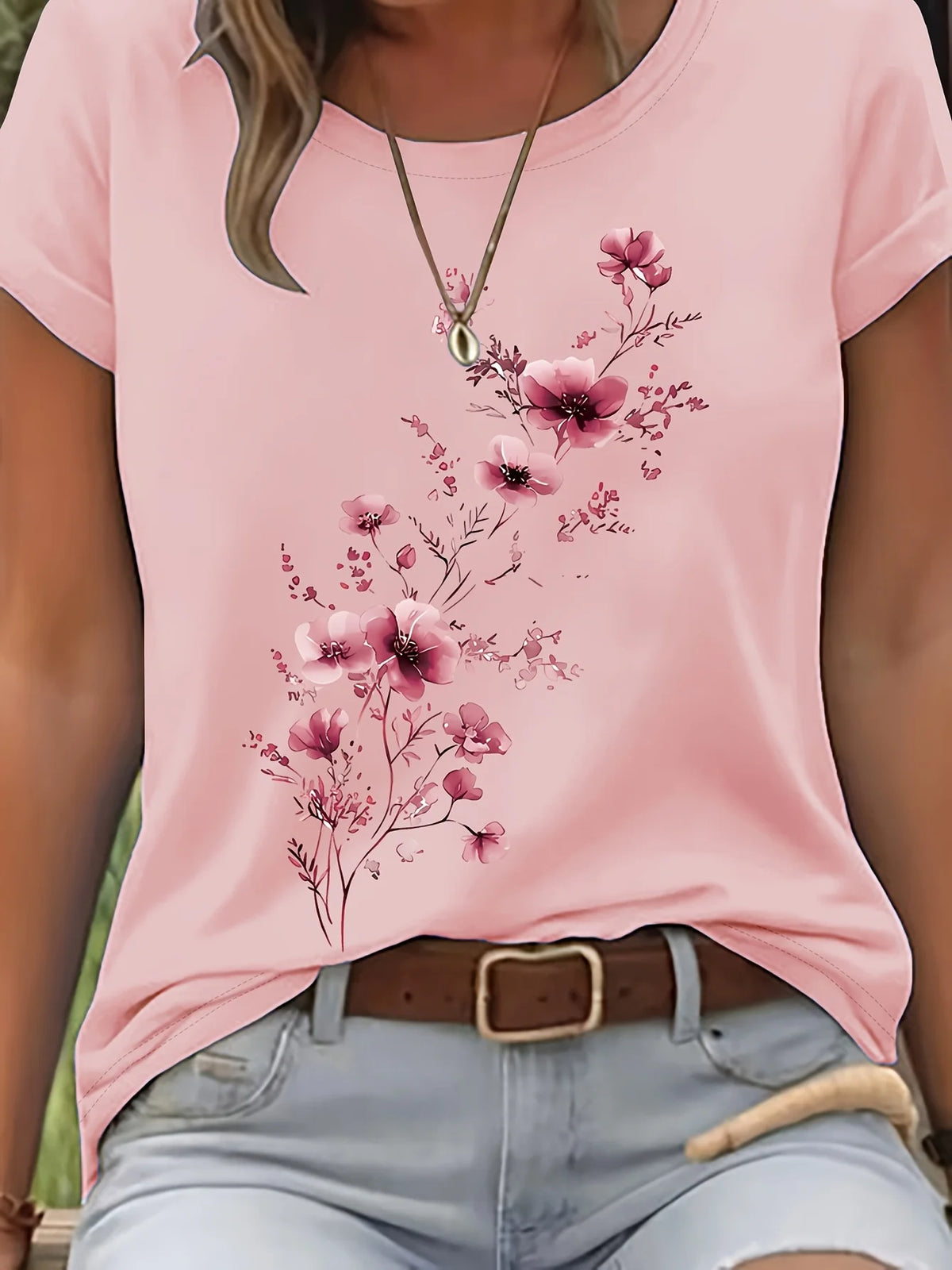 Blusa de Algodão Manga Curta com Estampa Floral Rosa Claro 04