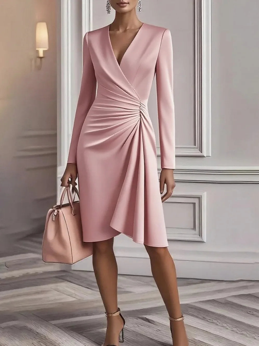 Vestido Midi Drapeado Rosa 01