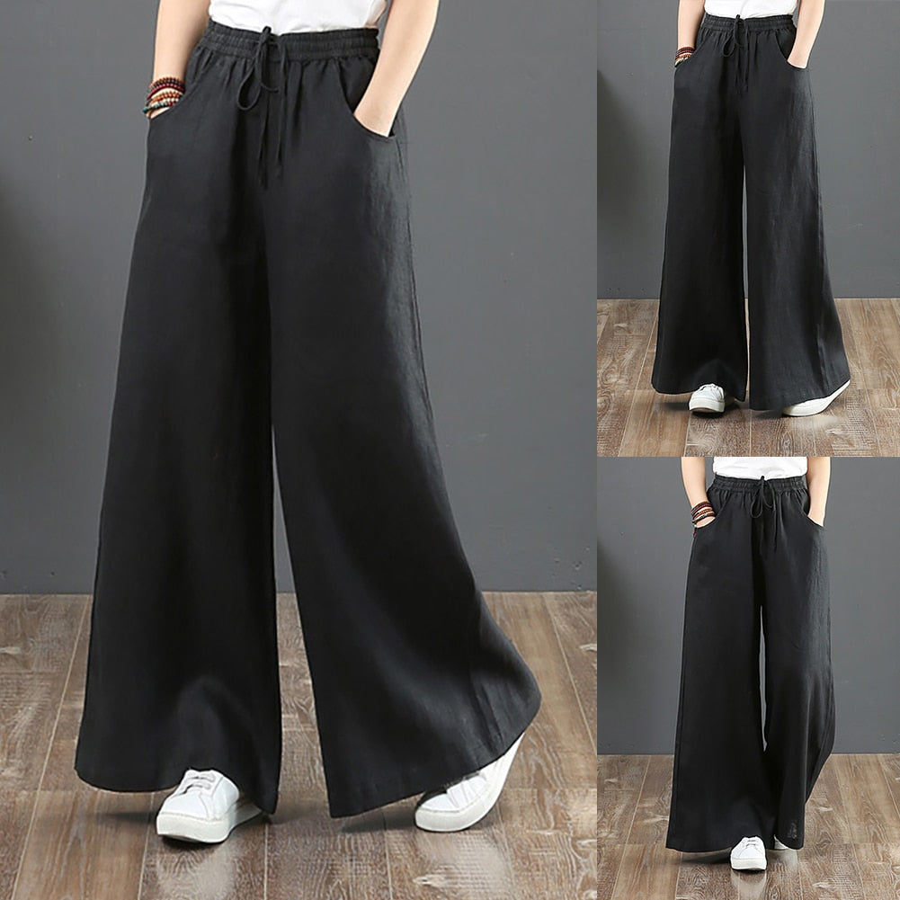 Calça Wide Leg Linho Com Amarração Large 16