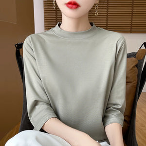 Blusa de Algodão Solta com Manga 3/4 e Gola Alta Verde Claro 06