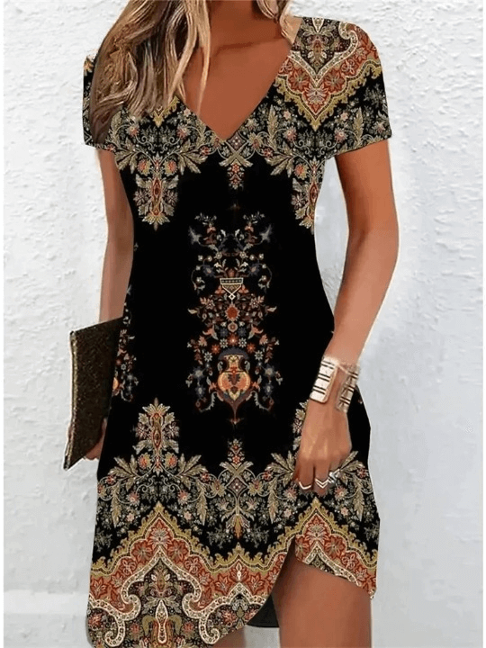 Vestido Curto Viscose Estampado Decote V Acinturado Alana