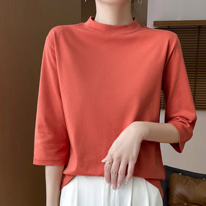 Blusa de Algodão Solta com Manga 3/4 e Gola Alta Laranja 01
