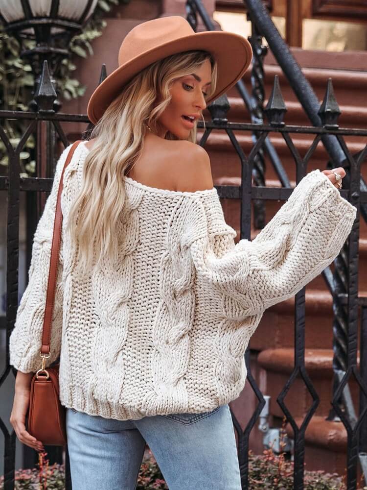 Suéter Casual de Tricot Feminino Bege 2