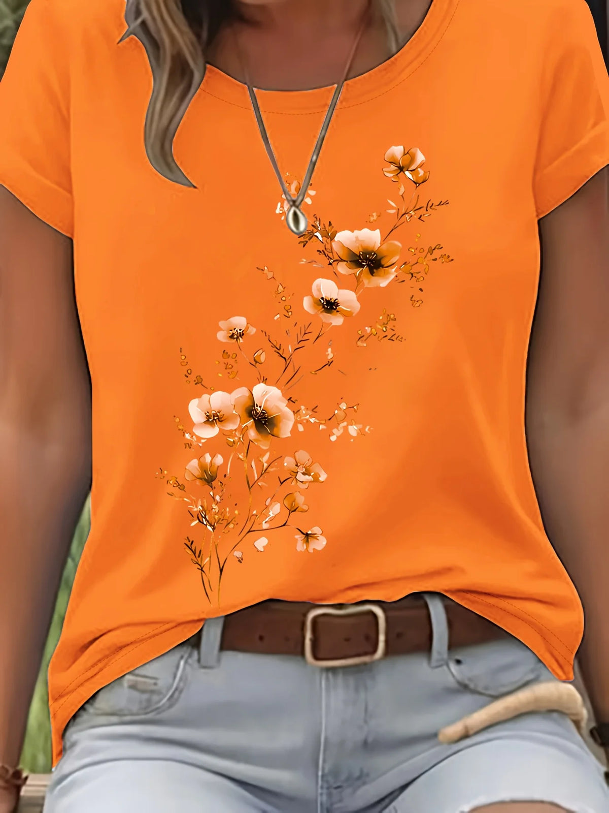 Blusa de Algodão Manga Curta com Estampa Floral Laranja 11