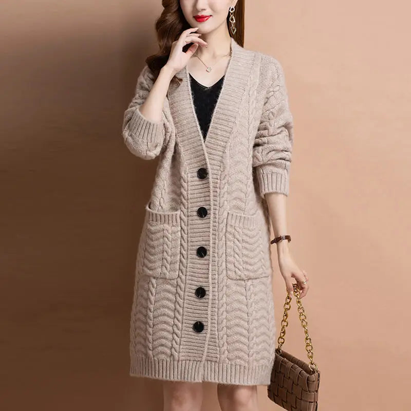 Cardigan Longo de Lã com Tranças e Botões Bege 02