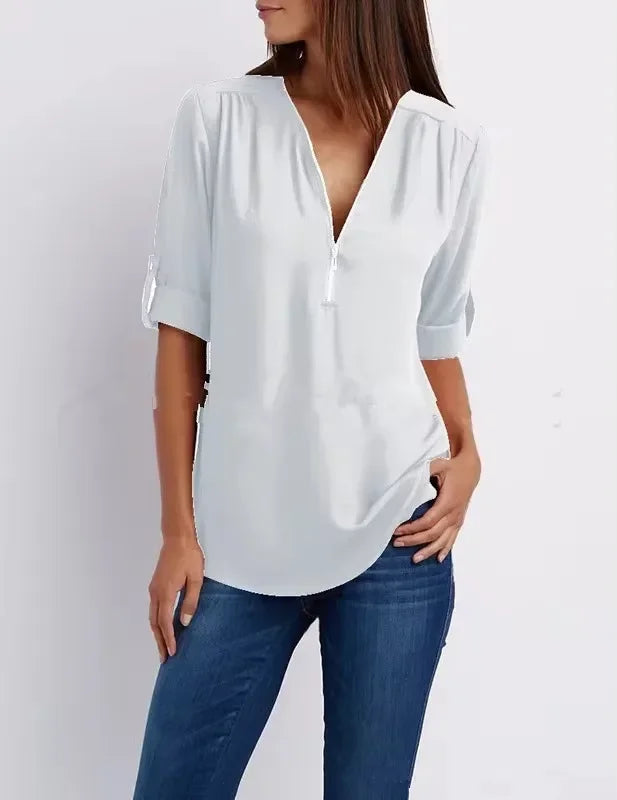 Blusa Chiffon Manga 3/4 com Zíper Branco 10