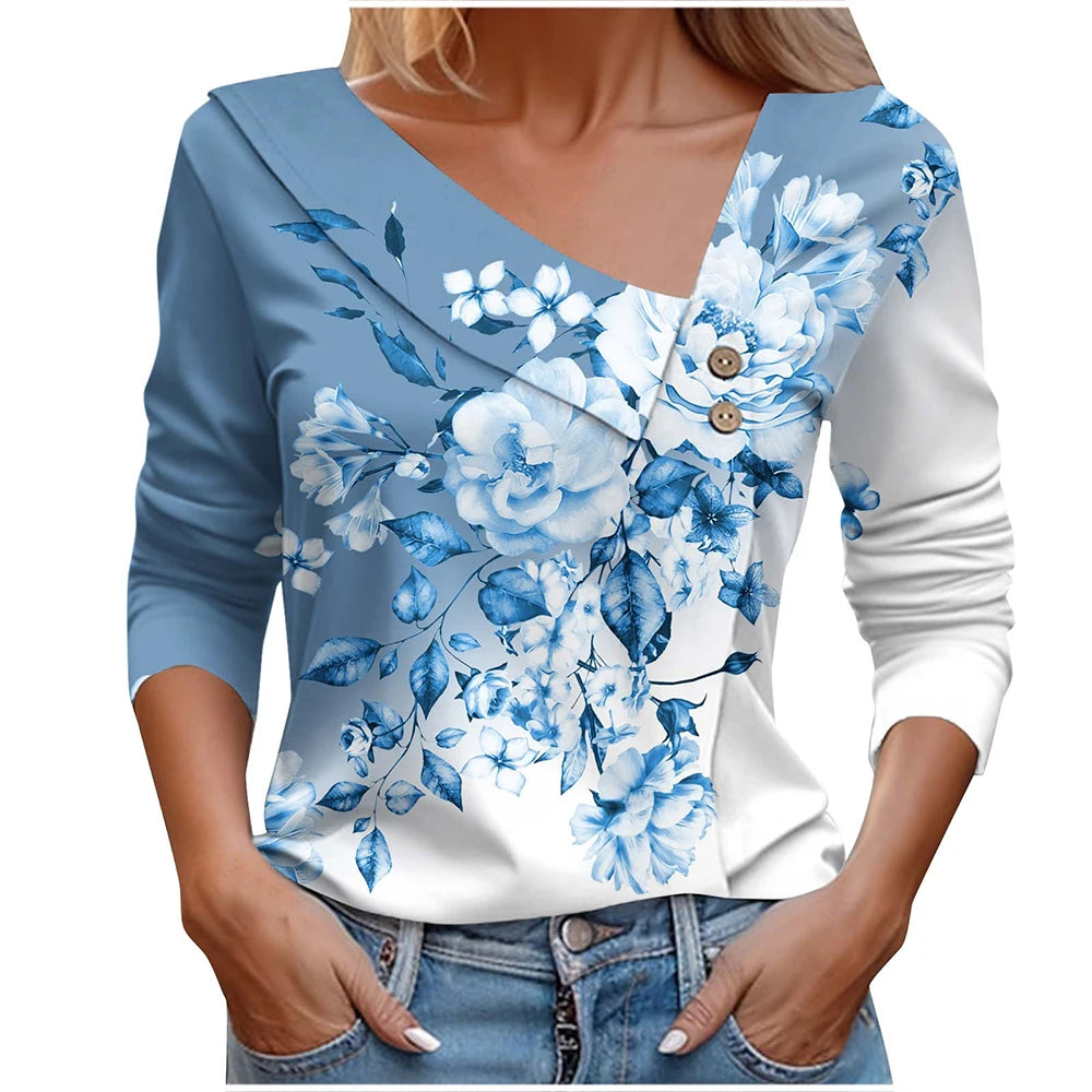 Blusa Casual Azul Fumê Floreado 05