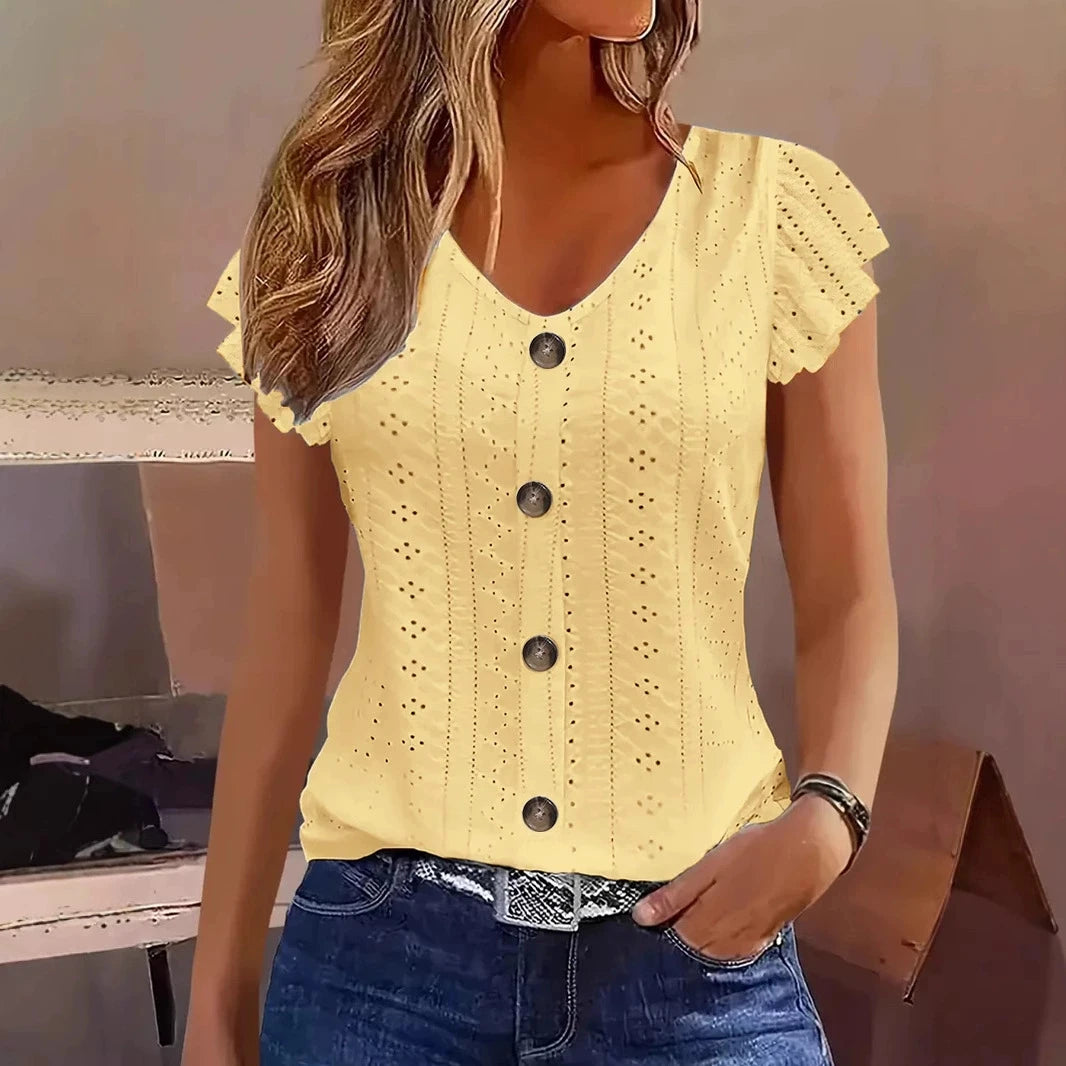 Blusa de Laise com Botões e Manga Babado Amarelo 01