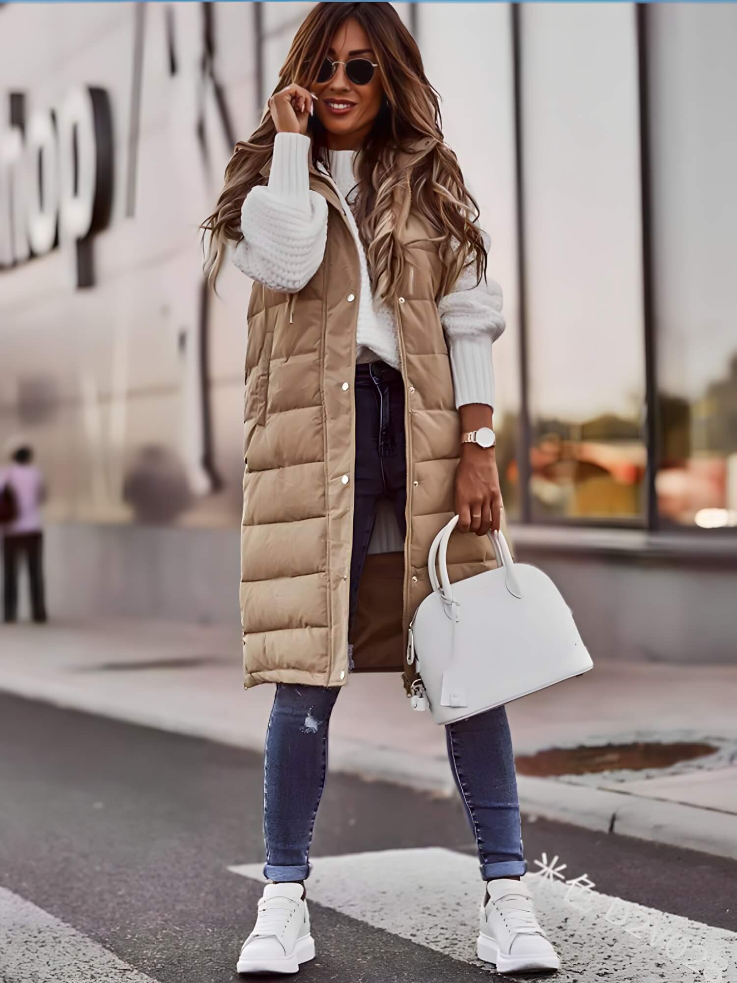 Colete Feminino Puffer Longo Bege 4