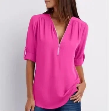 Blusa Chiffon Manga 3/4 com Zíper Rosa 17