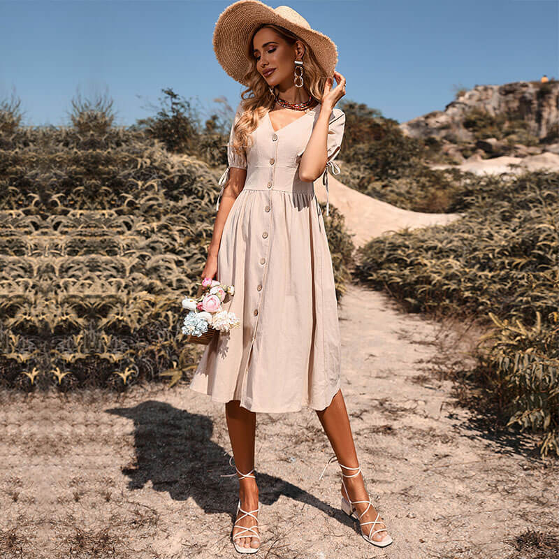 Vestido Mídi com Abotoamento Bege 1