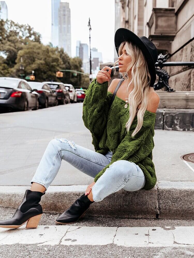 Suéter Casual de Tricot Feminino Verde