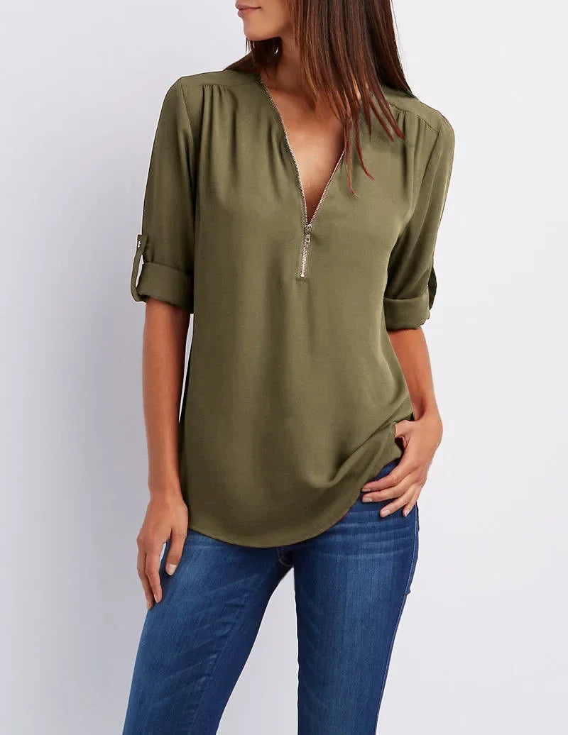 Blusa Chiffon Manga 3/4 com Zíper Verde Militar 14