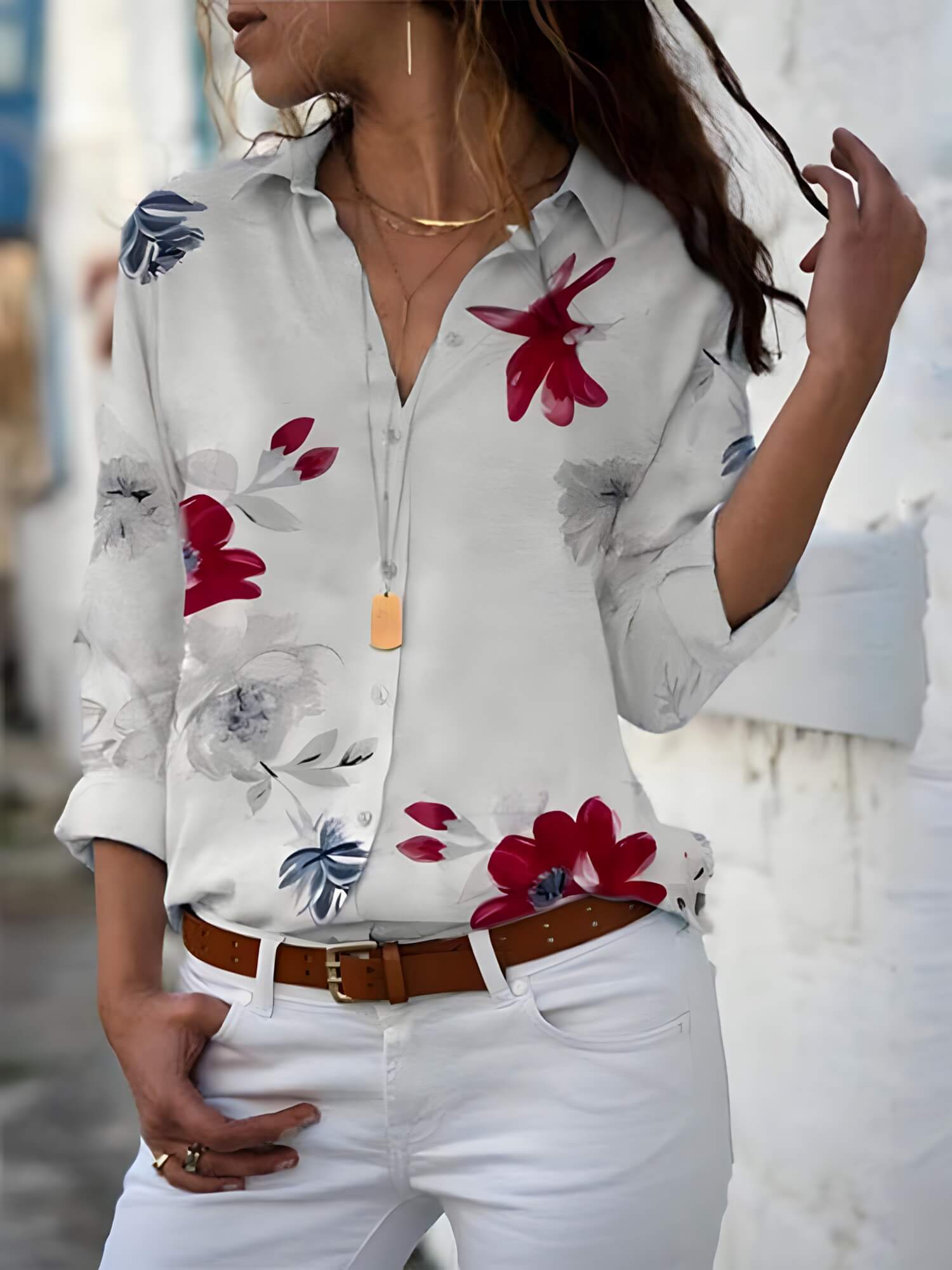 Camisa Casual de Chiffon Branco e Vermelho 5