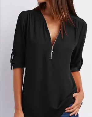 Blusa Chiffon Manga 3/4 com Zíper Preto 02