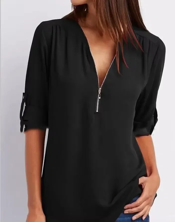 Blusa Chiffon Manga 3/4 com Zíper Preto 02