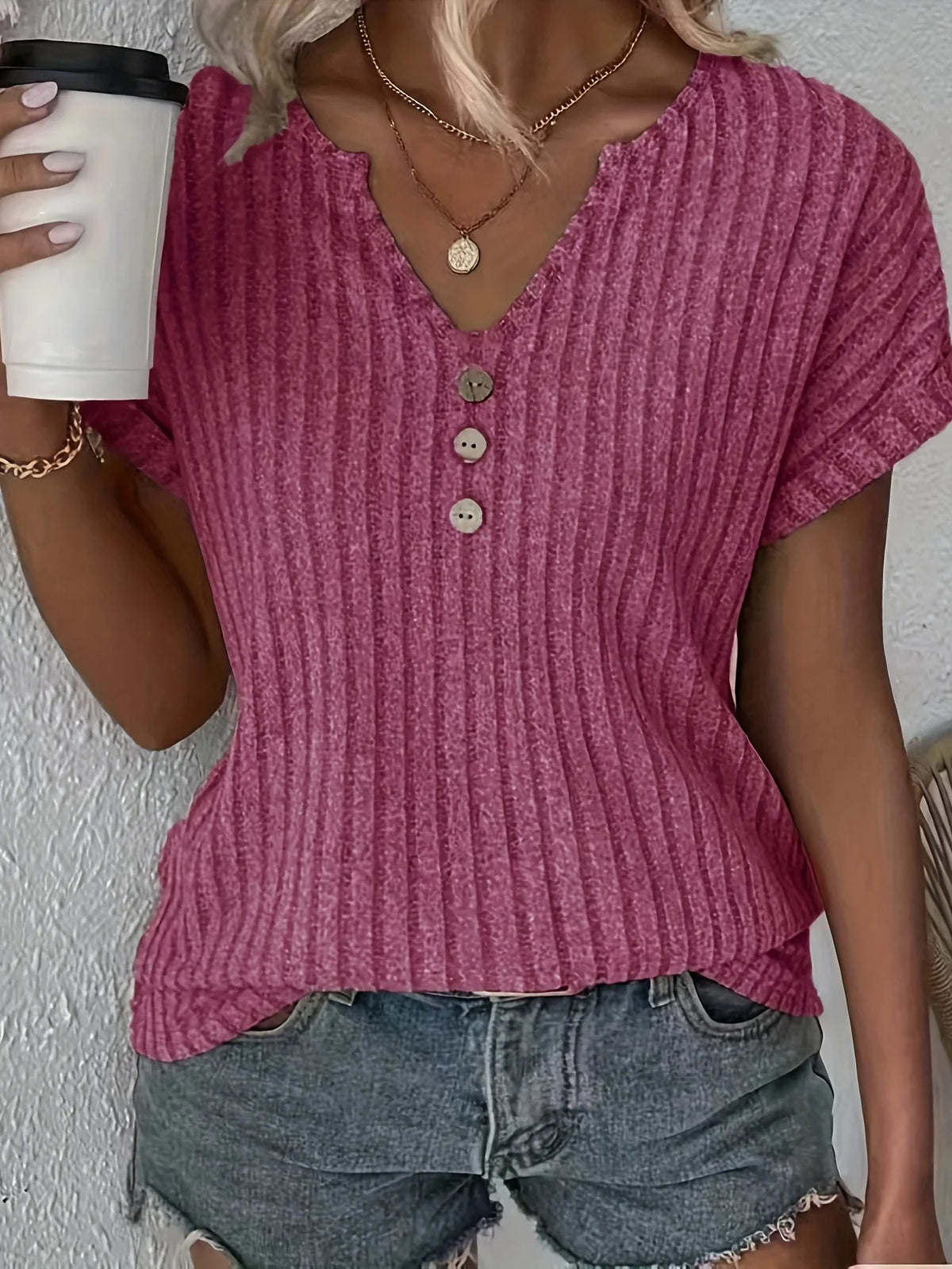 Blusa Malha Canelada Manga Curta com Botões Rosa 11