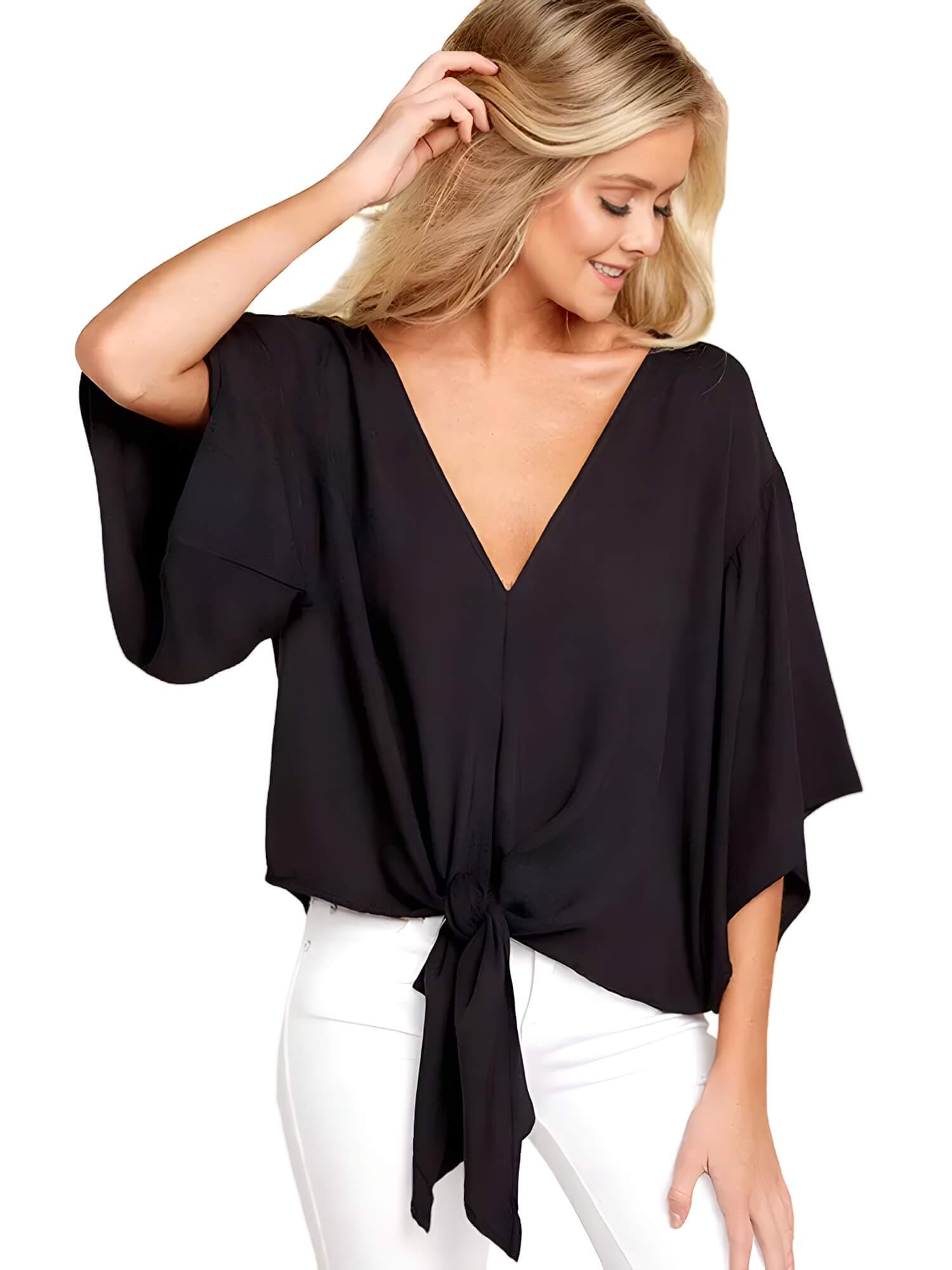 Blusa Feminina Viscose Decote V Amarração Frontal Elea