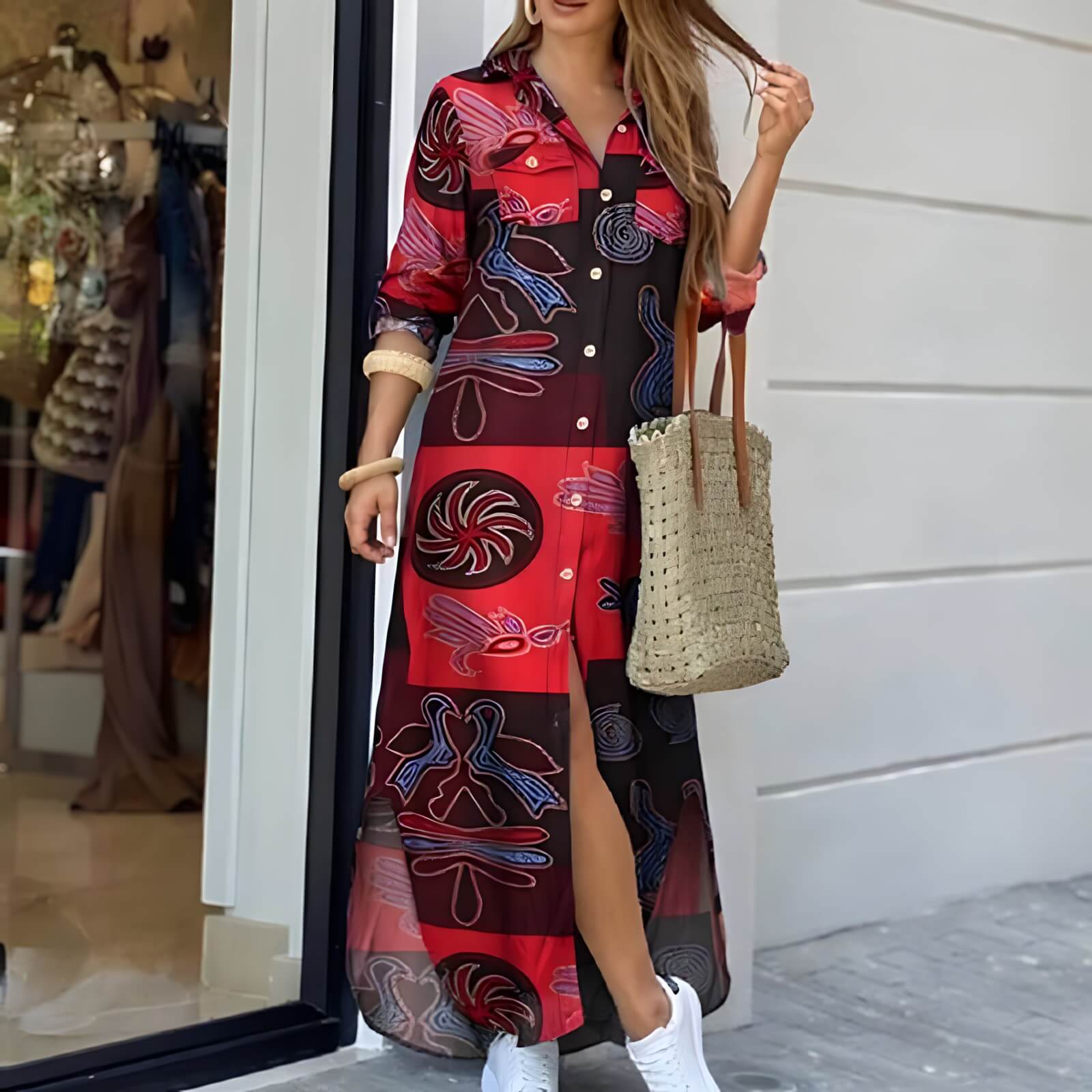 Vestido Longo com Abotoamento Vermelho Estampado 9