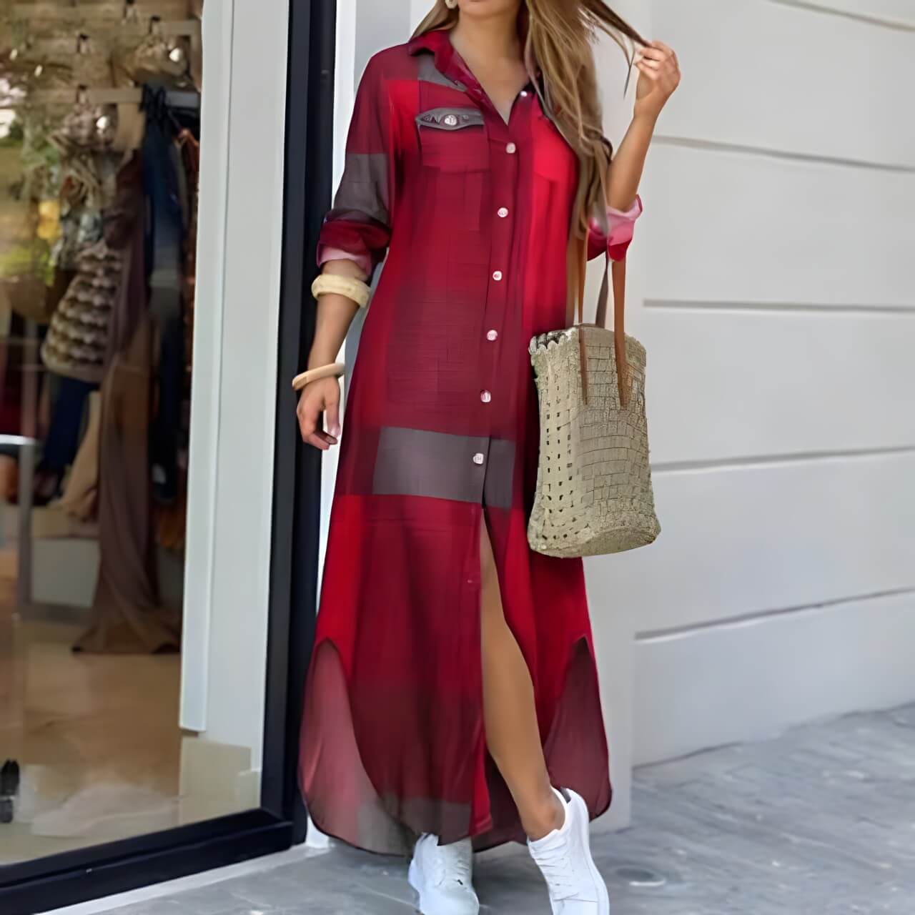 Vestido Longo com Abotoamento Vermelho 4