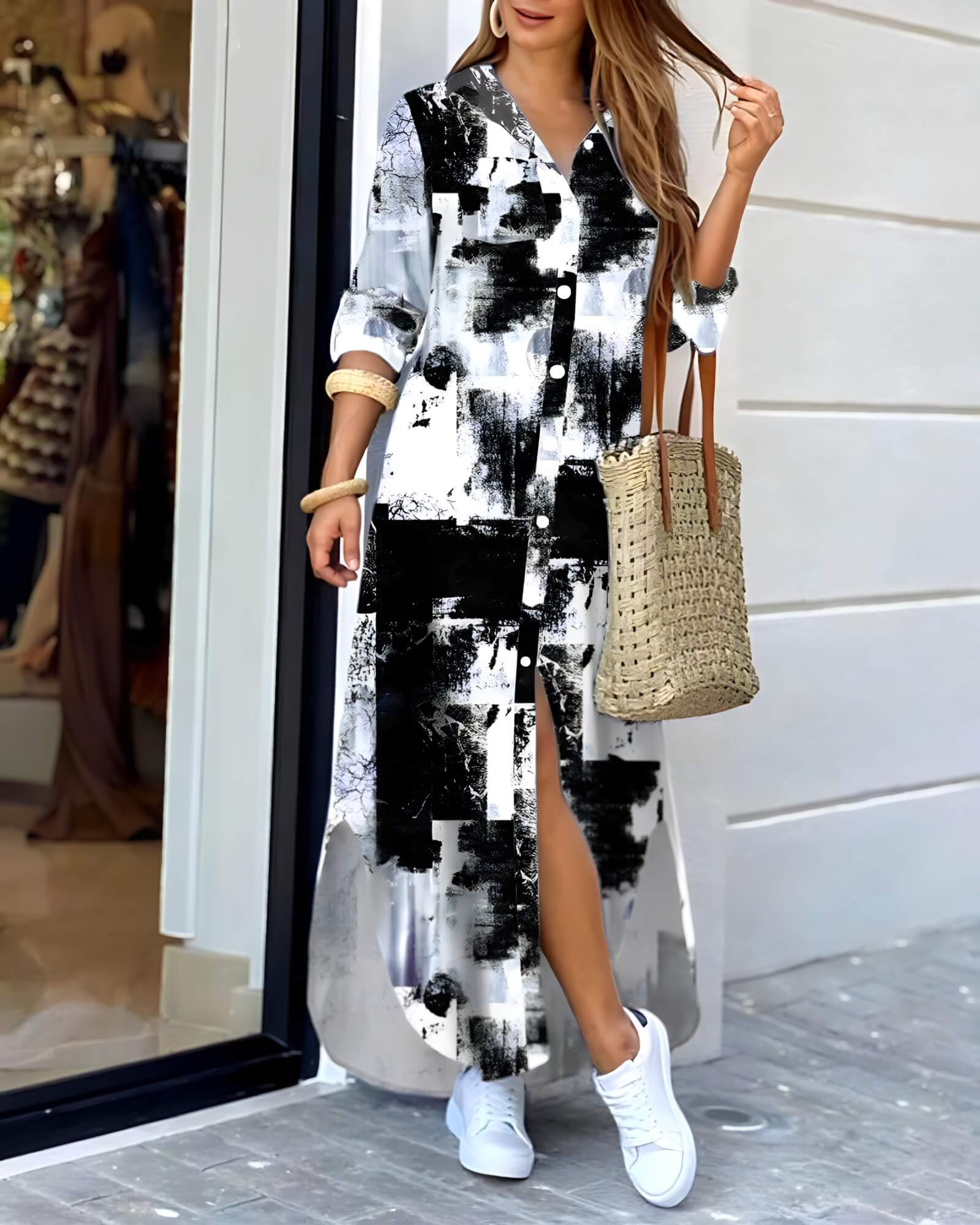 Vestido Longo com Abotoamento Preto e Branco 6